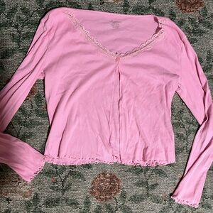 Secret treasures cardigan one button with lace trim & lettuce hem sleeves